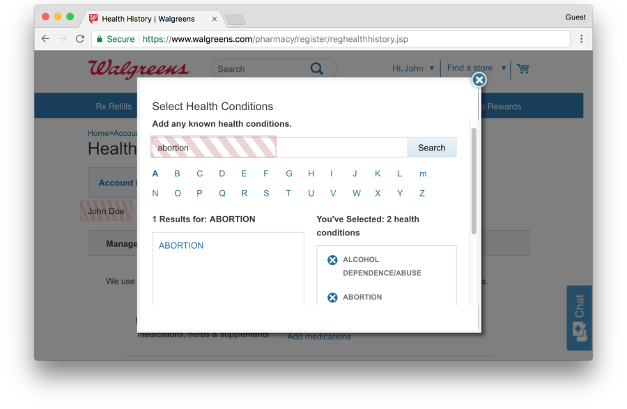 Walgreens health history page leaks health conditions