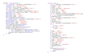 Code snippets from OnAudience (left) and Adthink (right) that are responsible for the injection of invisible login forms.