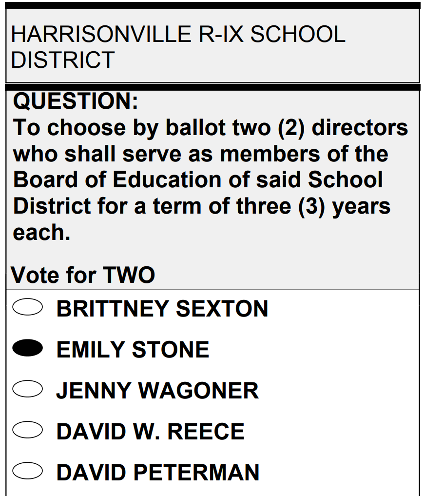 Ballot with vote for Emily Stone