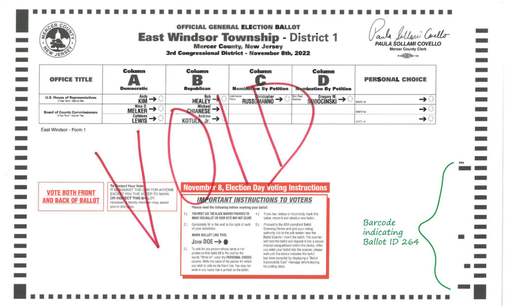 Ballot from Mercer County election showing barcode indicating ballot ID