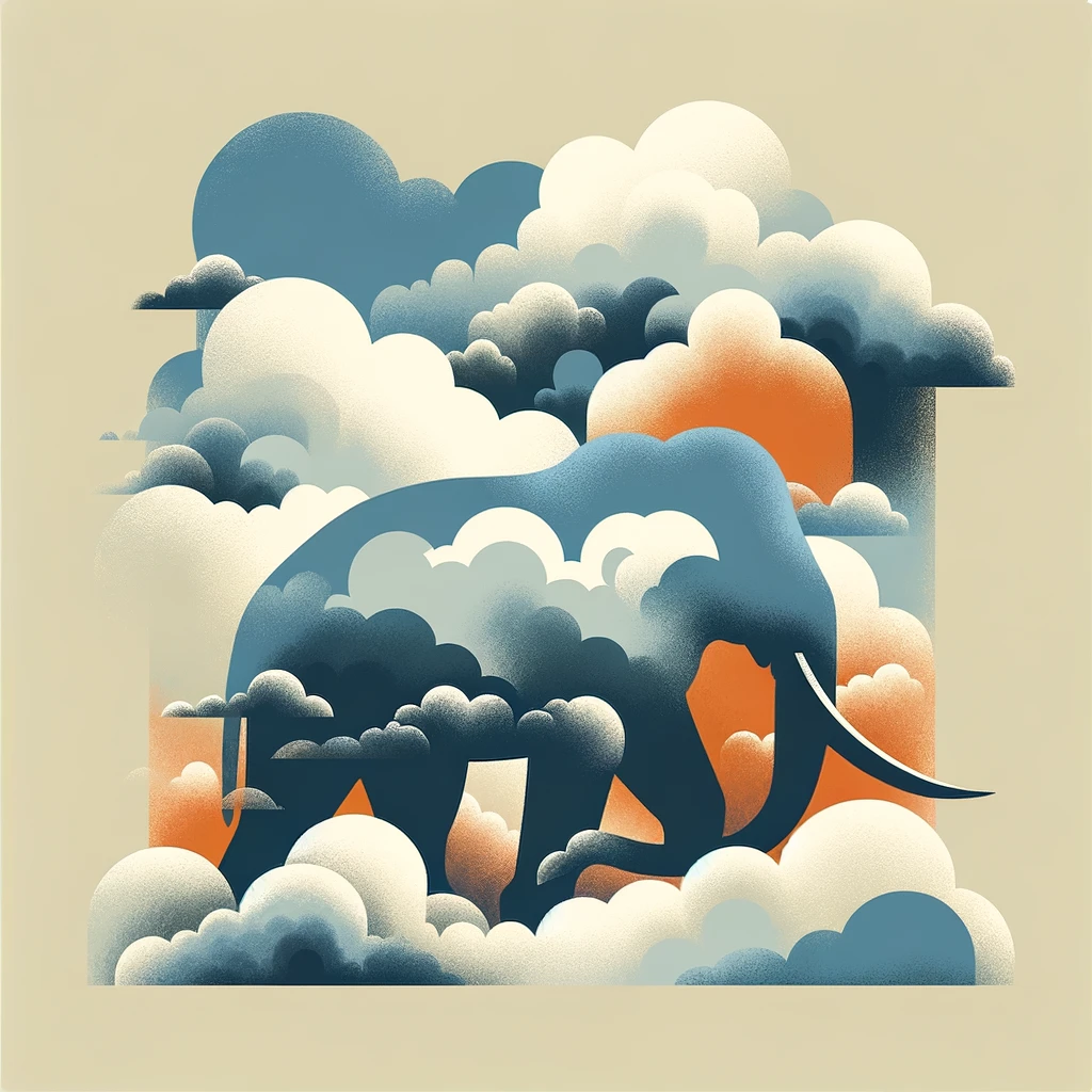 Abstract compositions featuring the silhouette of a mastodon with clouds around it, using soft and calming colors with shades of blue, grey, and gentle orange tints. Created with DALL-E