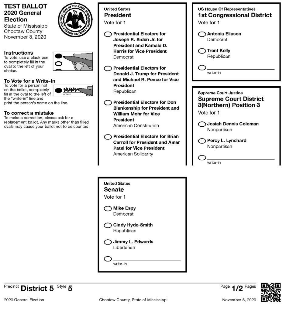 Excerpt of optical scan ballot with QR code that encodes not just the ballot style number but a hash of the ballot style